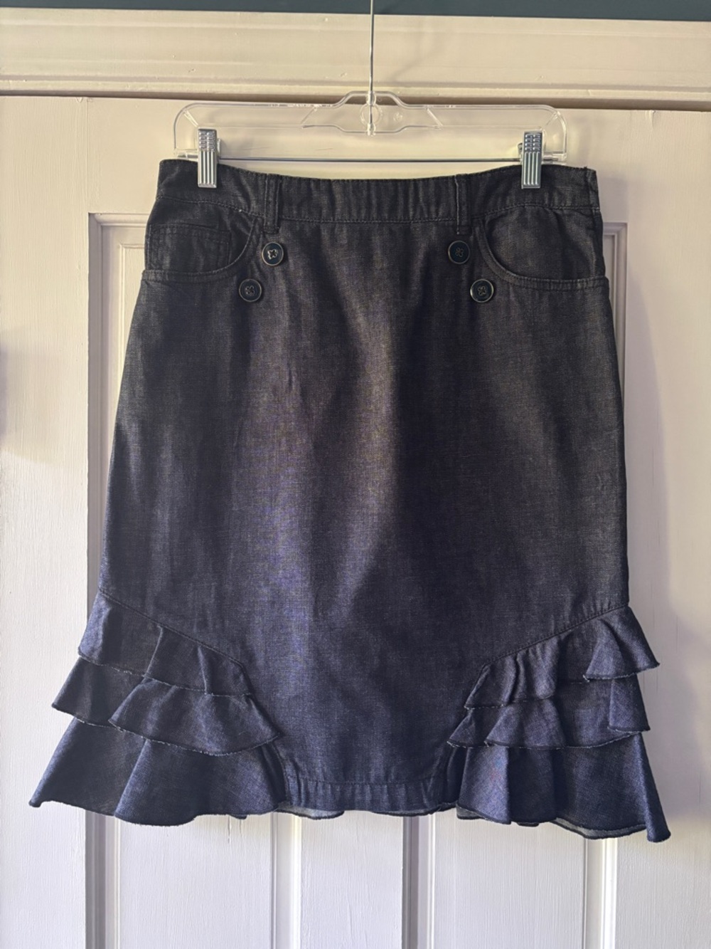 Anthropologie Pilcro and the Letterpress dark blue ruffle-hem denim skirt